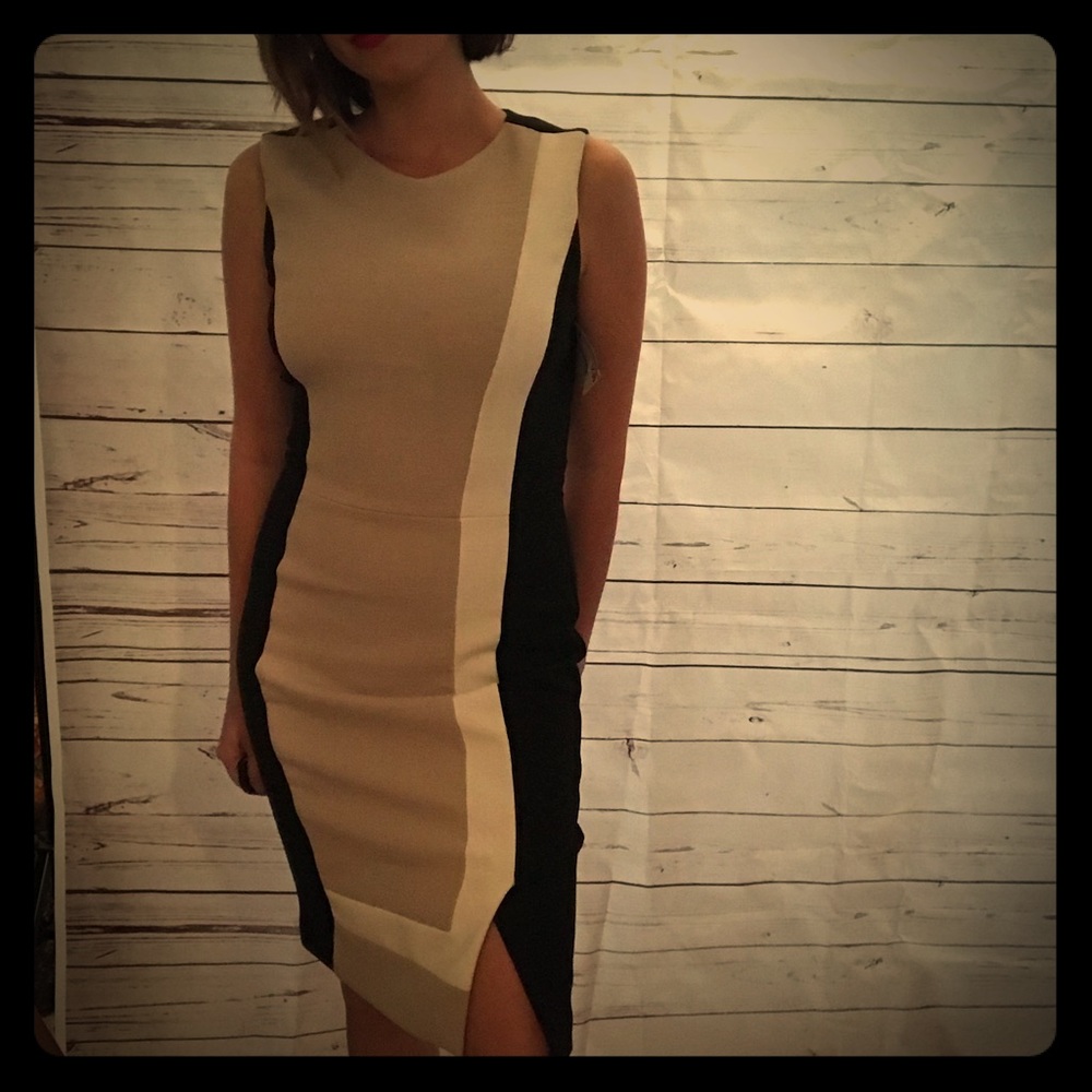 Black, white tan form fitting dress